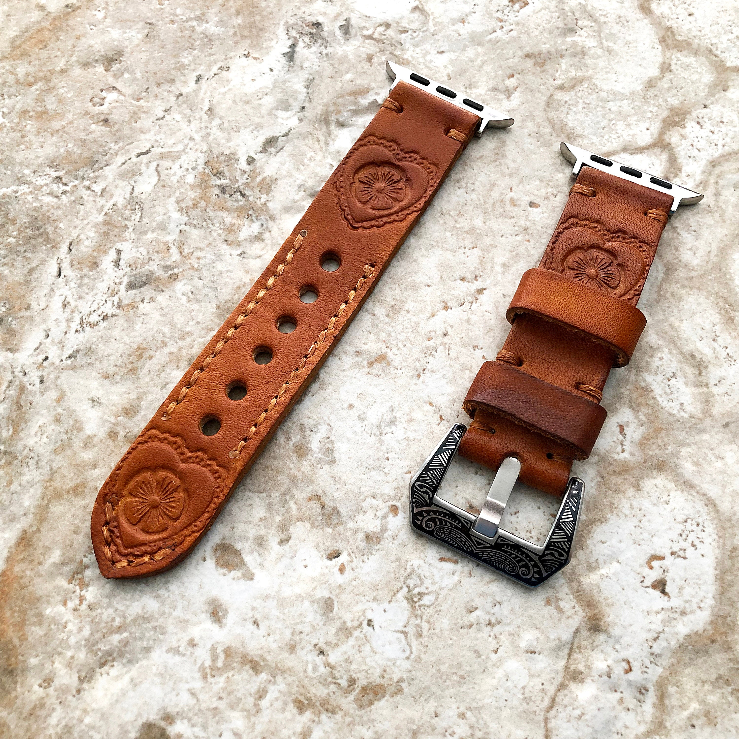 Apple Watch Ultra 2 and 9 8 Series Heart and Flower Leather Band for iWatch 41mm 45mm 49mm Case Embossed Tooled Handmade Strap Bracelet